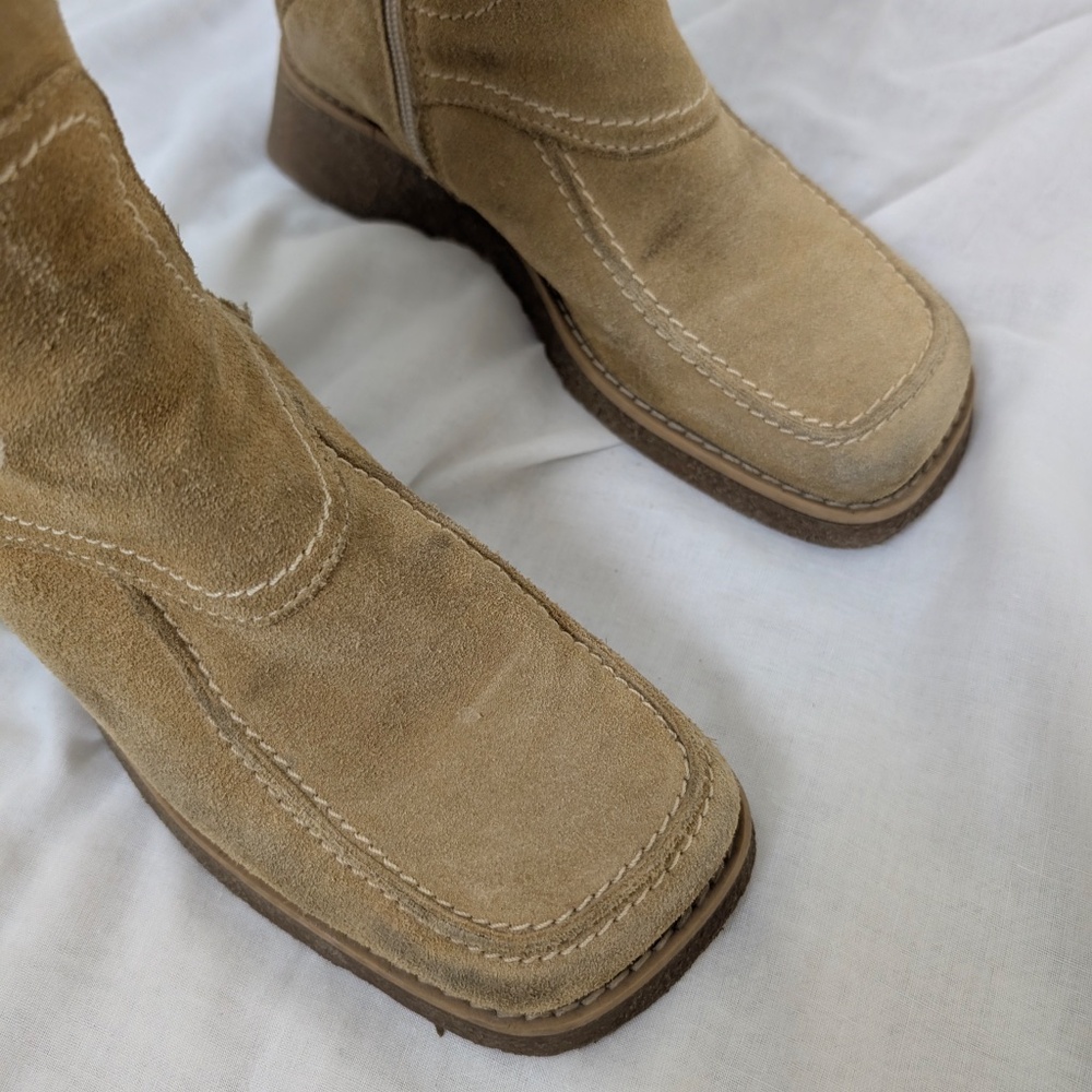 Suede Boots Wedges Calf Height Size 7.5 Square Toe - Picture 9 of 14